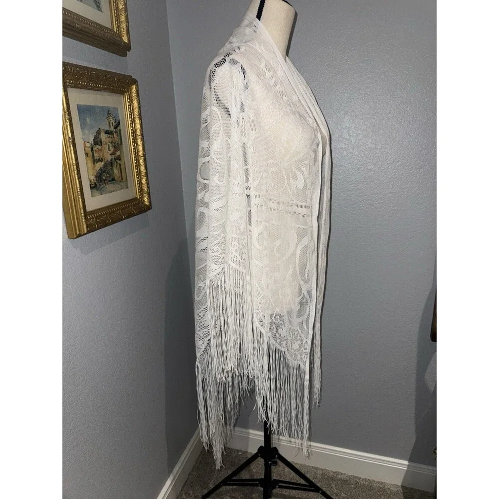 Vintage White Lace Fringe Boho Scarf 72x43” Shawl Bridal Festival Stevie Nicks
